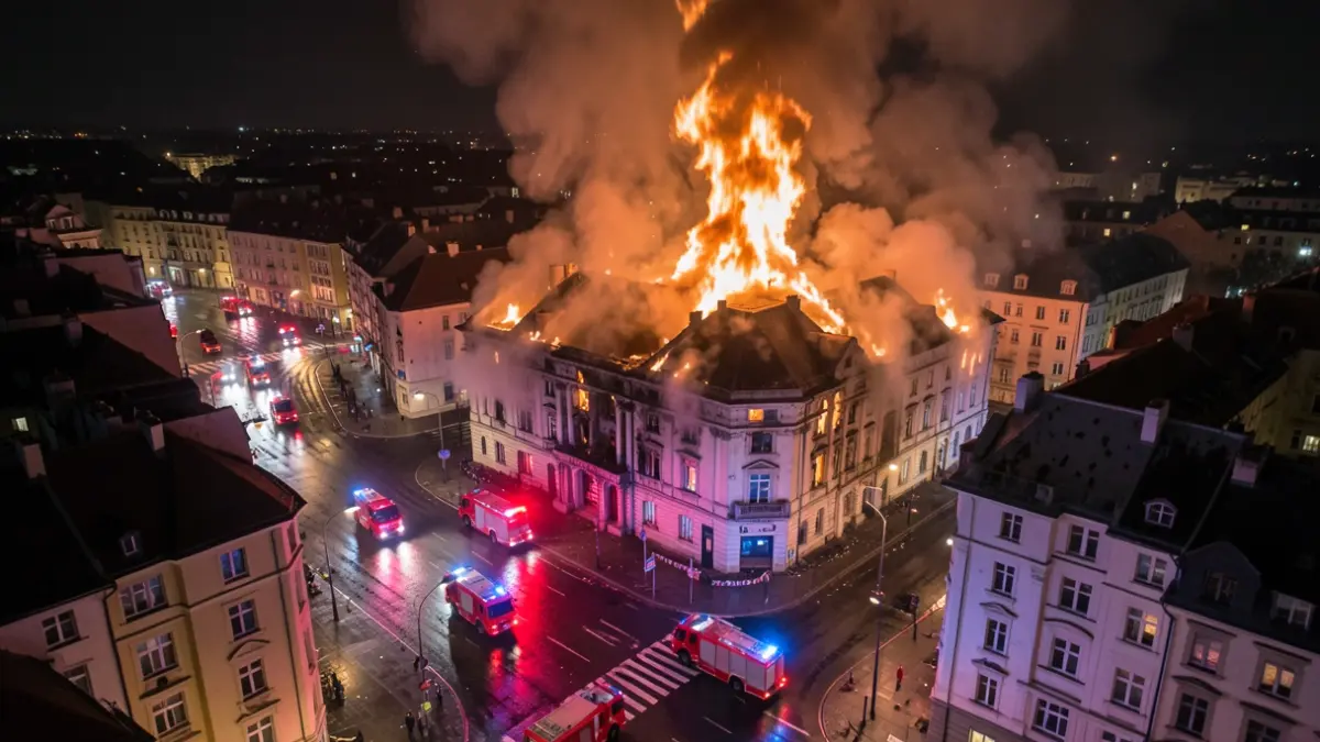 Generic image of a building fire at night with emergency lights.