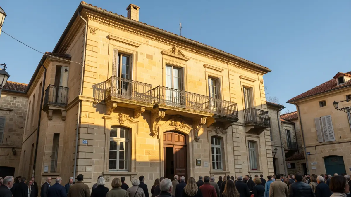 Image générique de la façade d'un hôtel de ville en pierre avec un balcon orné et des barreaux en fer, éclairée par la lumière chaude du soleil de l'après-midi.
