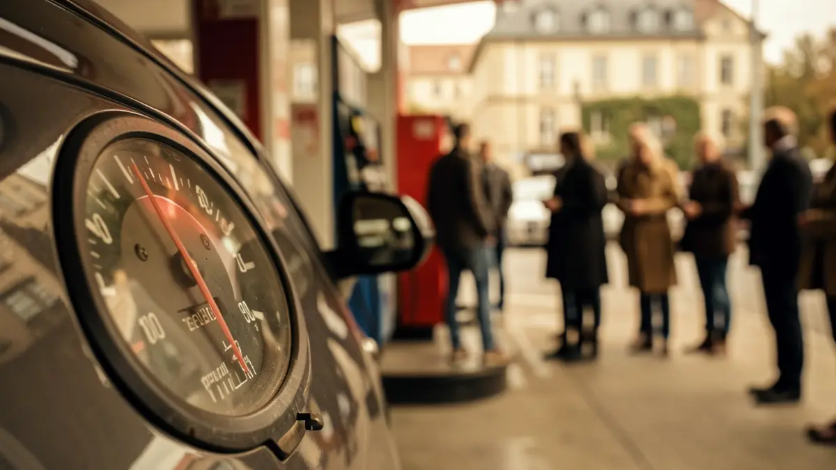 Generic image of a car's fuel gauge showing a low level, with a blurred gas station pump in the background.