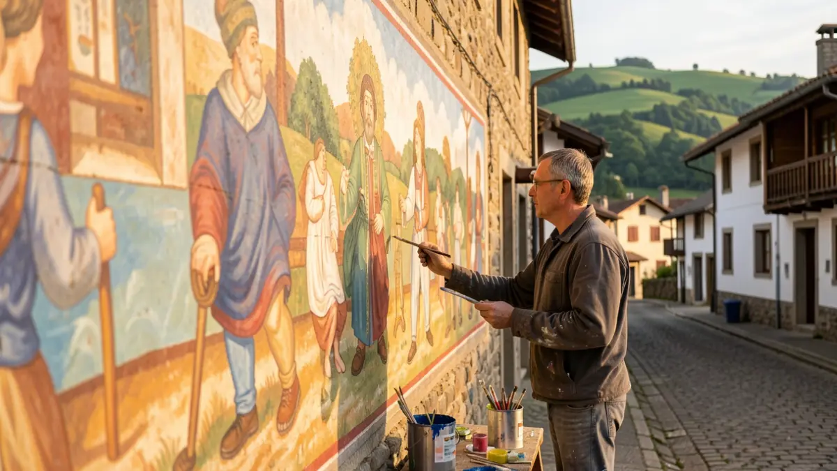 Generic image of a Basque muralist artist painting a colorful fresco on a wall in a picturesque Basque village.
