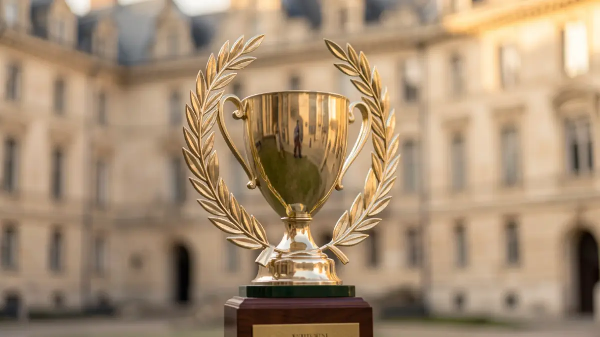 Generic image of a trophy with laurel wreaths against a blurred town hall background.