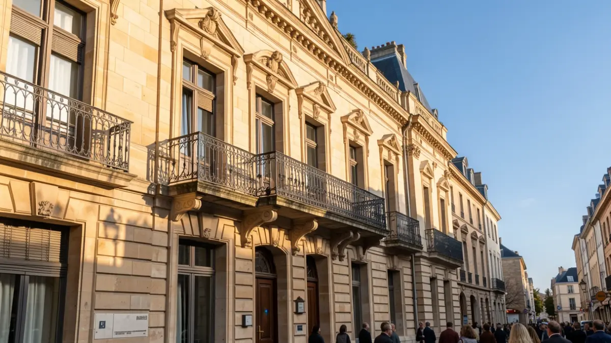 Image générique de la façade d'un bâtiment officiel en pierre, avec un balcon orné et un ciel bleu.