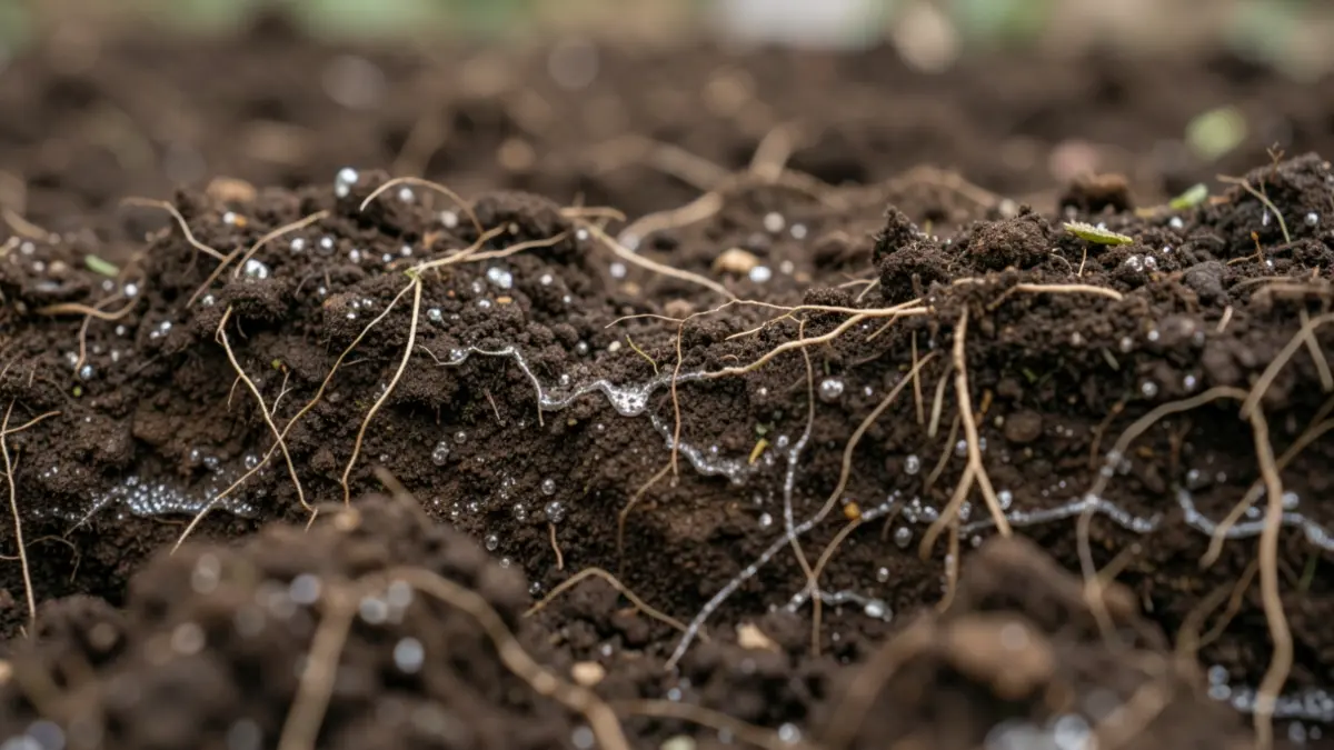 Generic image of soil layers with visible roots and a subtle metallic sheen, representing soil restoration and pollution research.