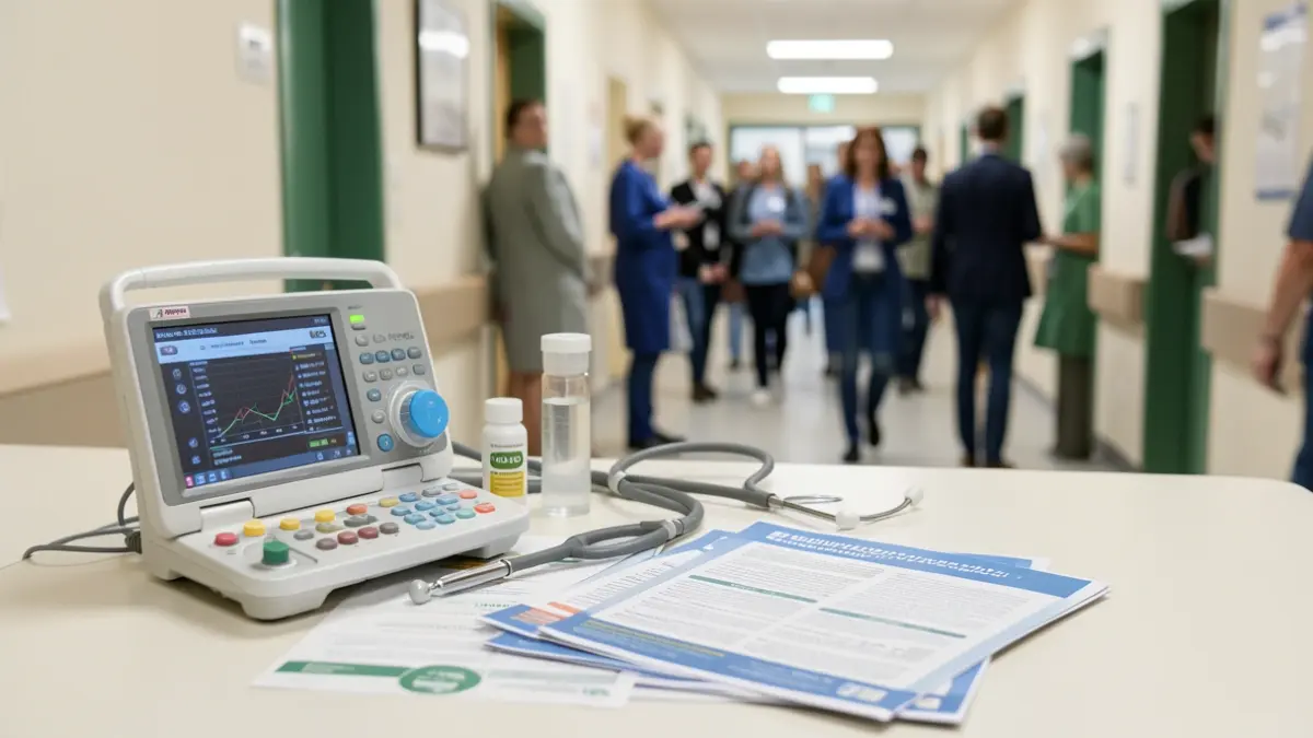 Generic image of medical equipment and information pamphlets on a table, with blurred background of a hospital corridor. Focus on health awareness and prevention.