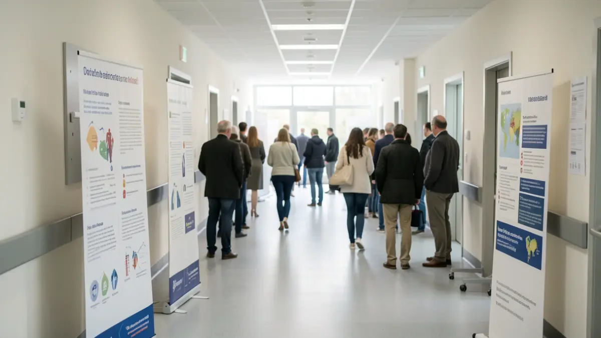 Generic image of a hospital hall with information stands and blurred people in the background.
