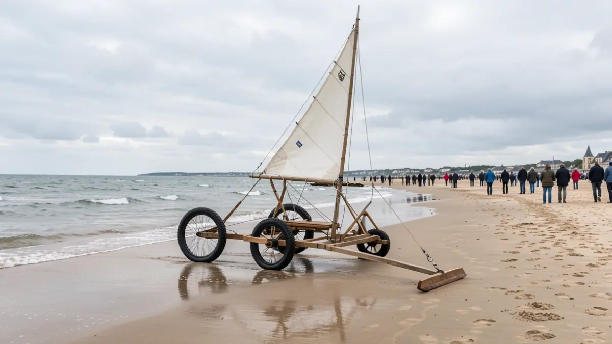 Generic image of a sand yacht on a Nouvelle-Aquitaine beach on an overcast day.