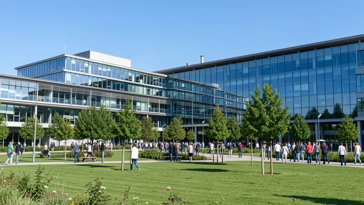 Vue extérieure du campus de l'Université de Bordeaux à Pessac, Nouvelle-Aquitaine, avec des bâtiments scientifiques modernes et des espaces verts.