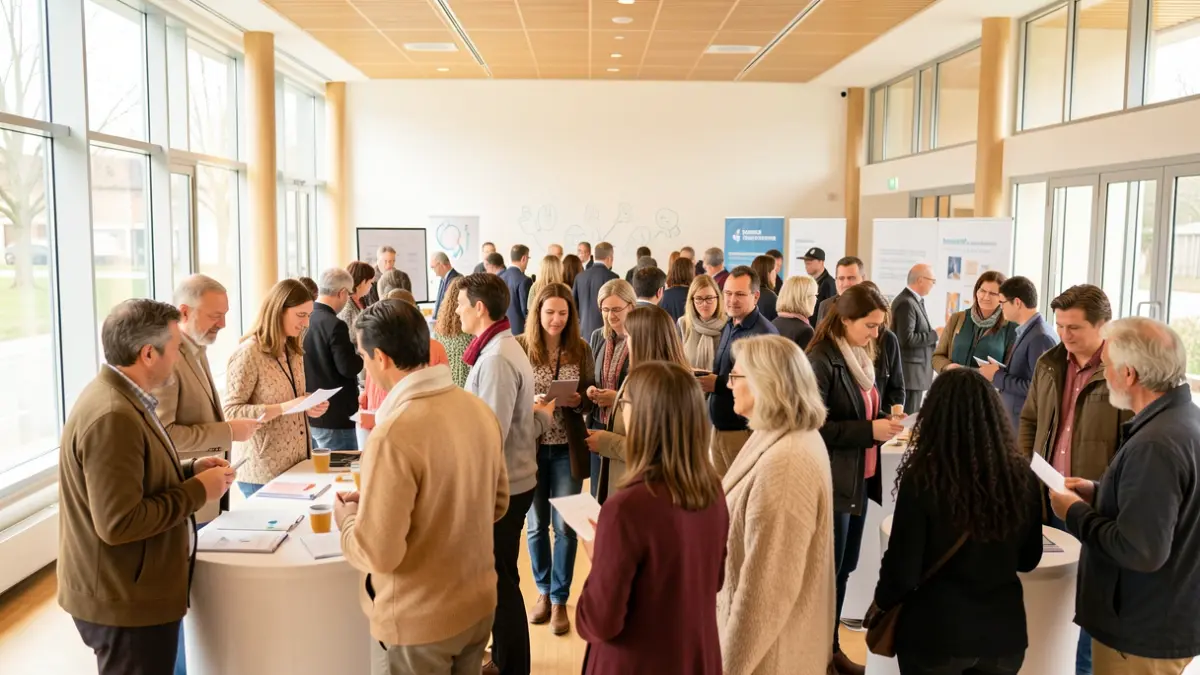 Corrèze Health Prevention Days: participants interacting with health professionals in an information space.