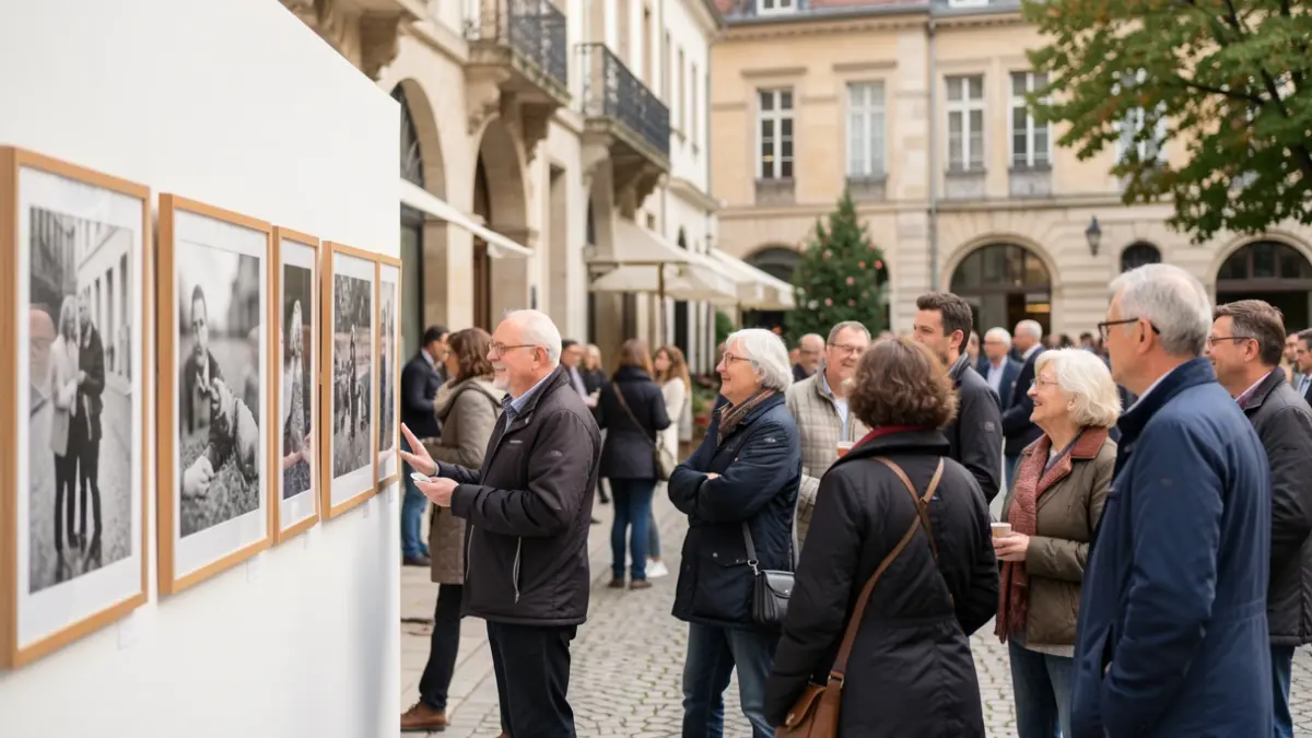 Image générique d'une exposition de photographie en extérieur et en intérieur, avec des visiteurs admirant les œuvres.