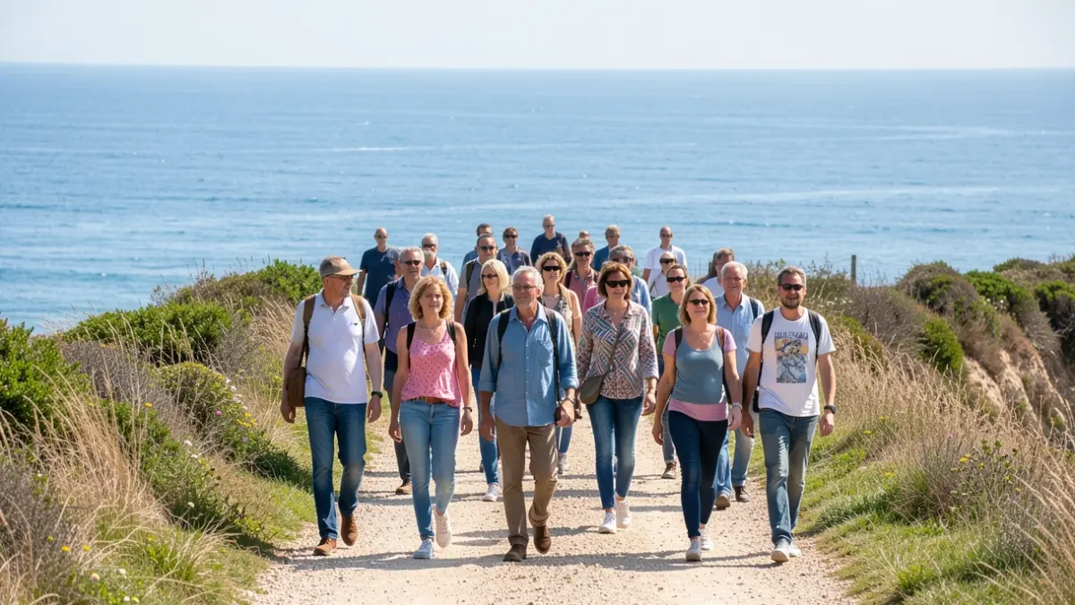 Image générique de personnes marchant ensemble sur un sentier côtier ensoleillé.