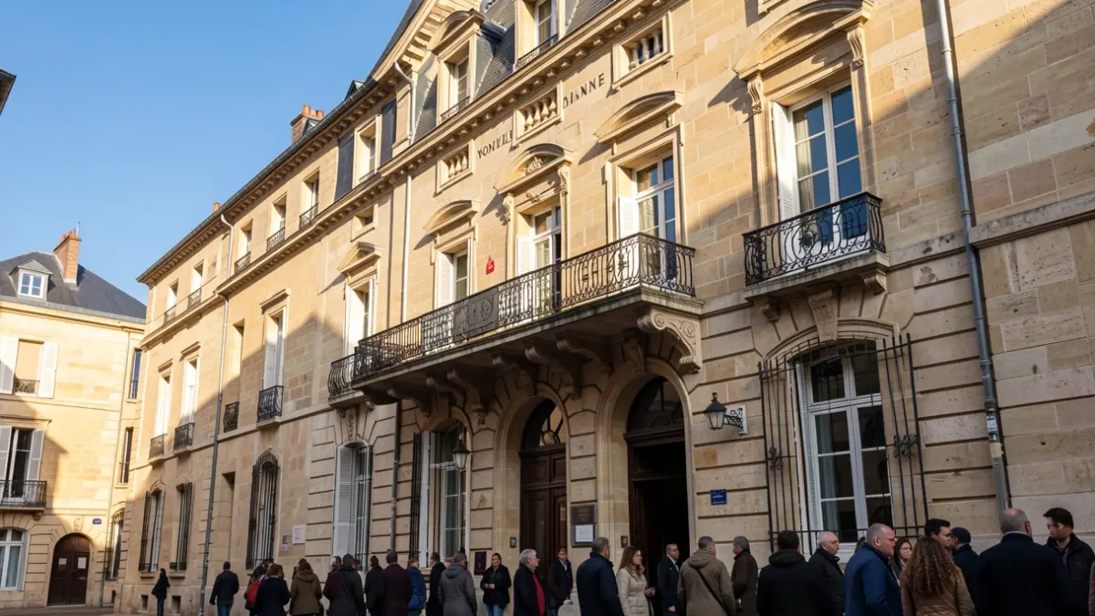Generic image of a stone official building facade with an ornate balcony under a blue sky.