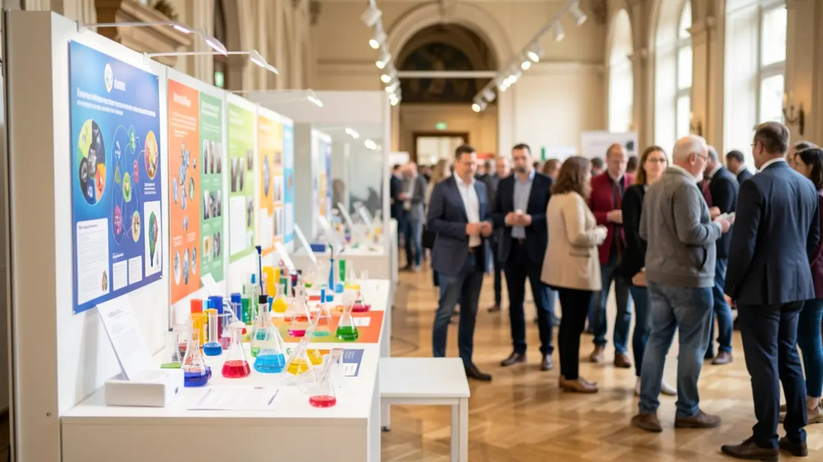 Generic image of a science exhibition with colorful and interactive elements, and a blurred background of people observing.