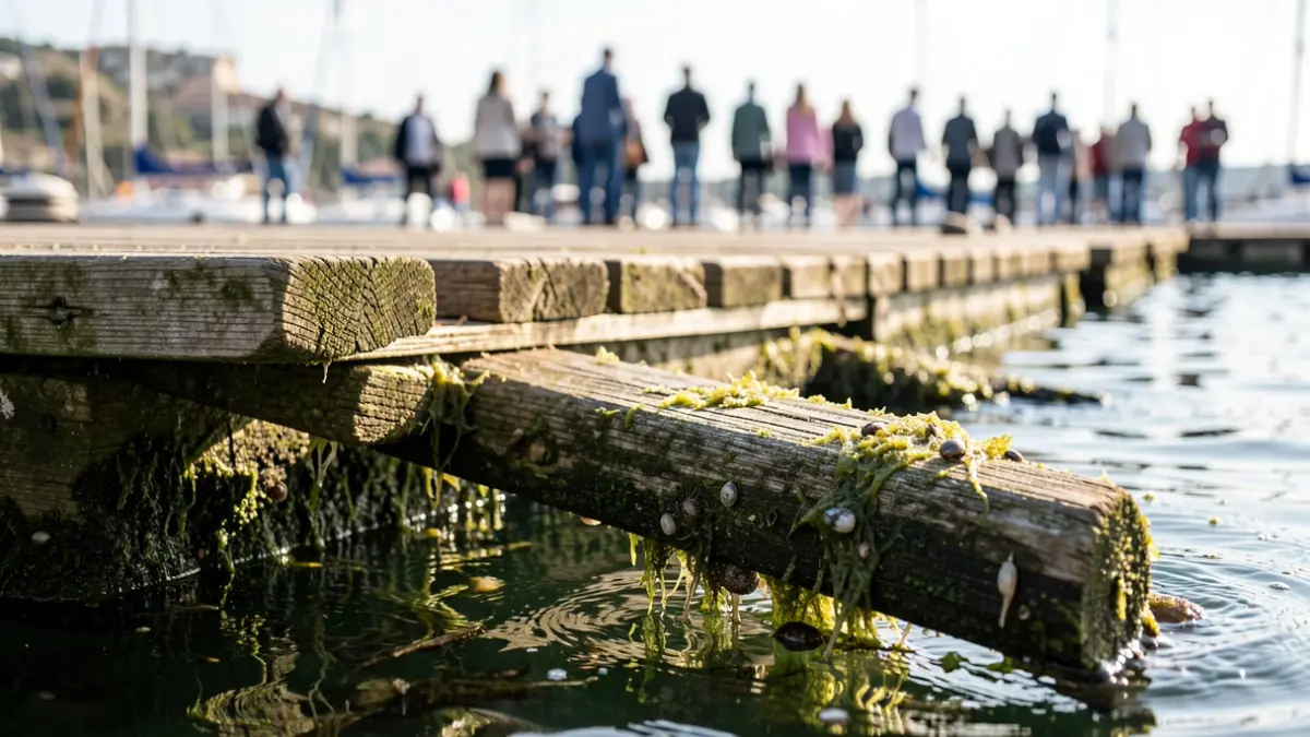 Gros plan sur la biodiversité marine sous les pontons du port de plaisance de La Rochelle, avec des algues et de petites créatures marines.
