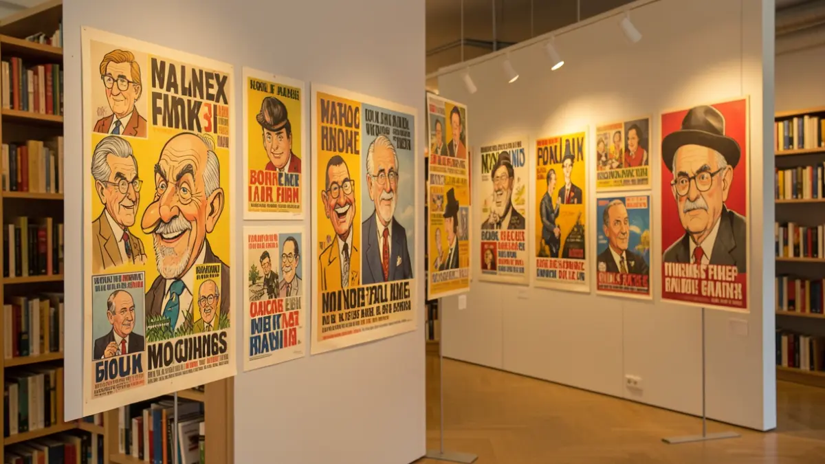 Generic image of various art exhibition posters, some depicting caricatures and books, in a library.