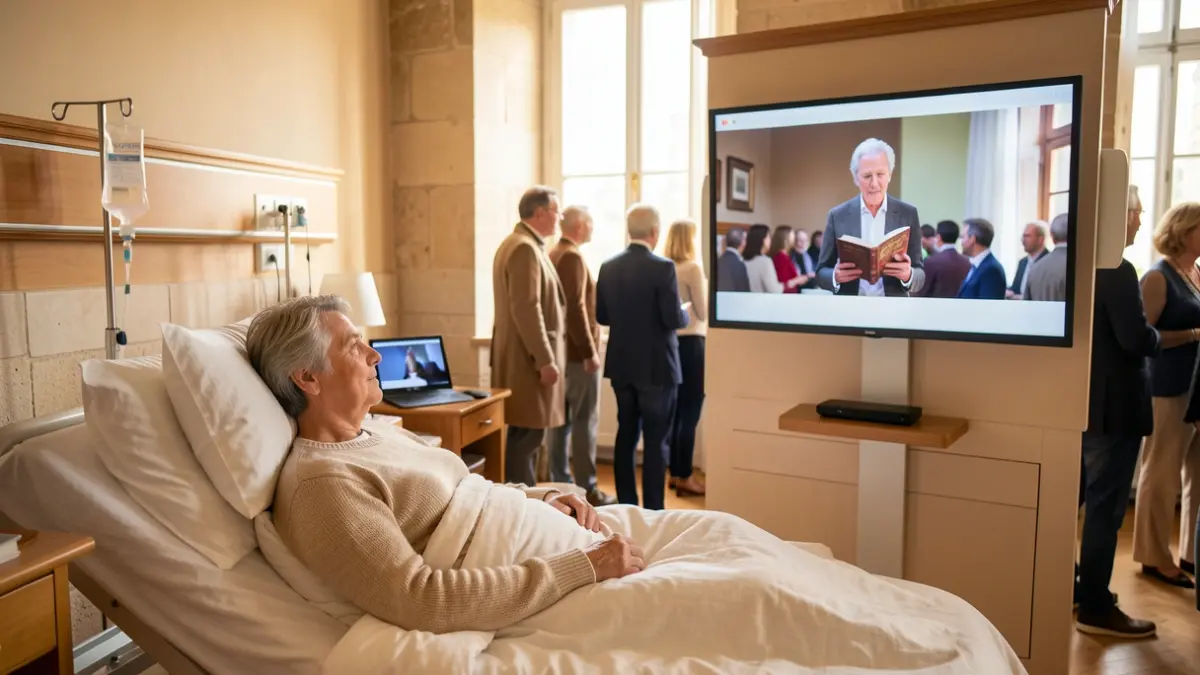 Image générique d'un patient regardant un événement littéraire à la télévision dans sa chambre d'hôpital, dans un style architectural de Nouvelle-Aquitaine.