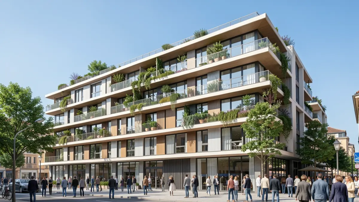 Façade d'un bâtiment moderne et durable à Oloron-Sainte-Marie.