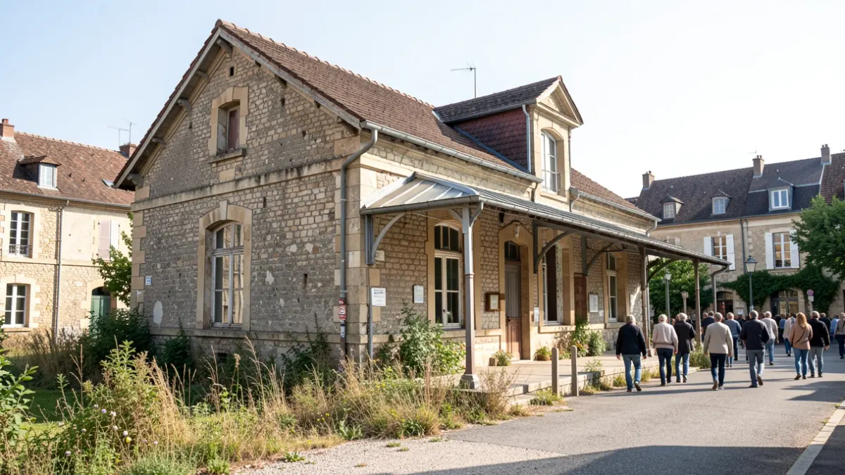 Image générique d'une ancienne gare désaffectée avec une façade en pierre, nécessitant une rénovation.