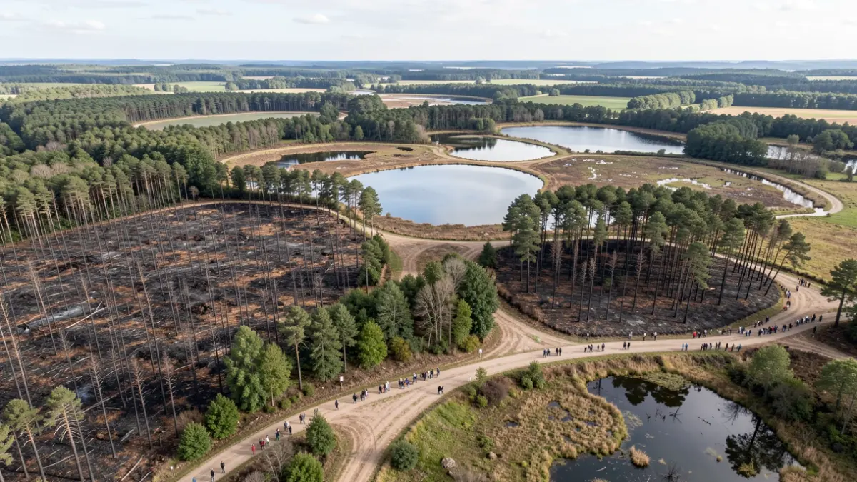 Vue aérienne d'un vaste espace naturel en Nouvelle-Aquitaine, mêlant lacs, zones boisées et zones humides, avec des signes de récupération post-incendie.