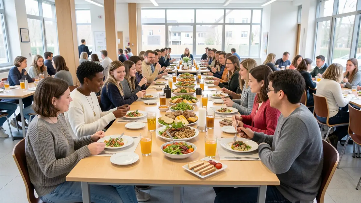 Generic image of students and adults sharing a meal in a school cafeteria.