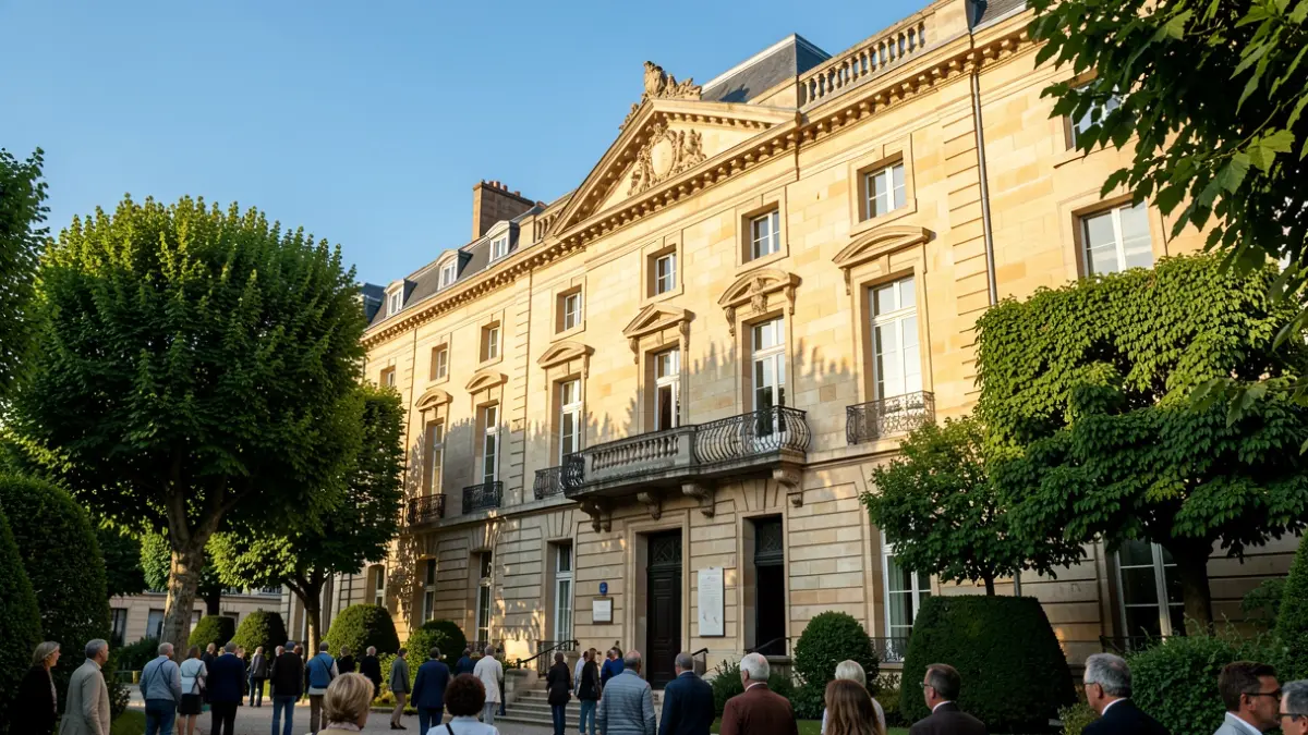 Façade en pierre d'un hôtel de ville de Nouvelle-Aquitaine avec balcon orné et balustrade en fer forgé, soleil d'après-midi chaud projetant des ombres sur les murs en grès, ciel bleu. Style photographie documentaire.