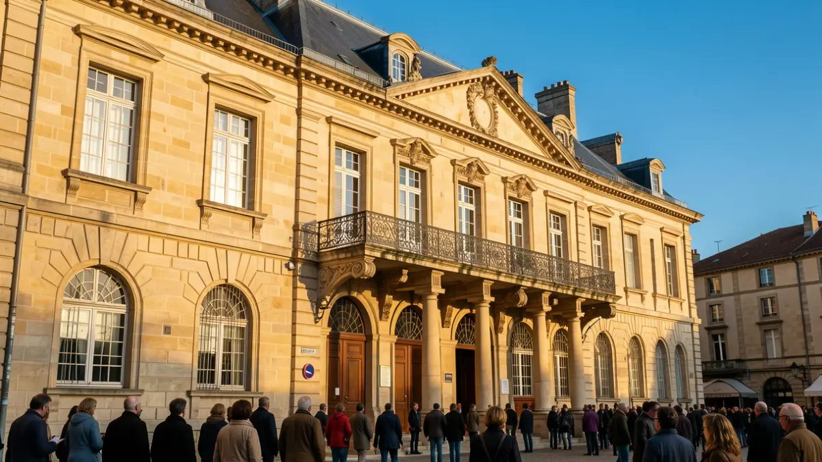 Image générique de la façade d'une mairie en pierre de Nouvelle-Aquitaine, avec un balcon orné et un ciel bleu.