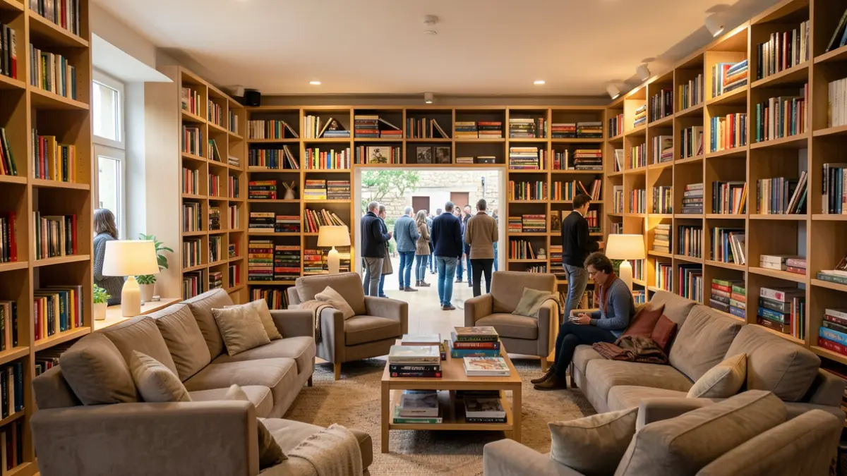 Interior of a modern and cozy media library in Lons, featuring comfortable reading areas and a wide selection of board games.