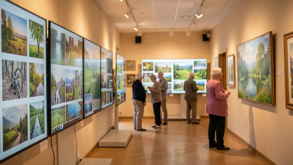 Generic image of a cultural exhibition within a senior living facility, featuring digital screens displaying artworks.