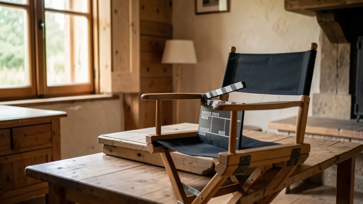 Generic image of a wooden chalet room with a director's chair and a film clapperboard on a table, soft natural light.