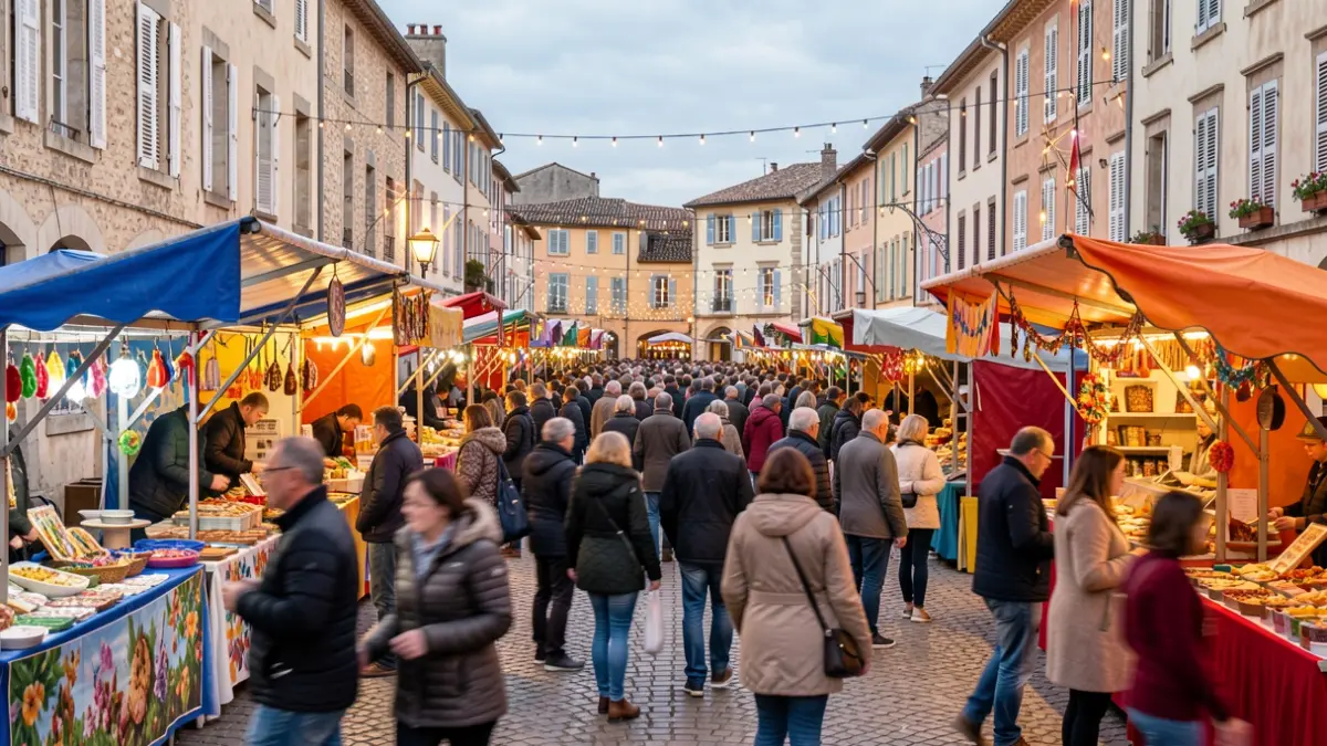 Generic image: showing a street festival scene with colorful stalls and a lively crowd in a Nouvelle-Aquitaine town.