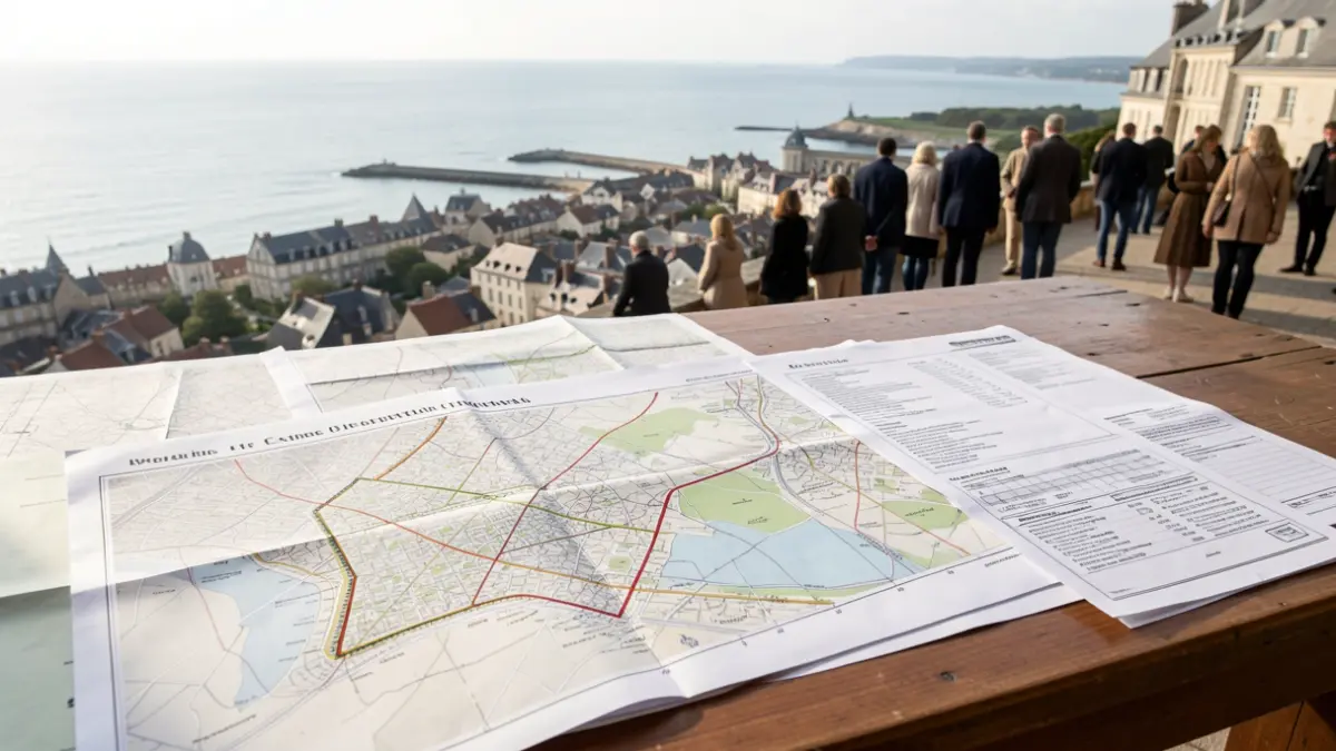 Image générique de documents d'urbanisme étalés sur une table, avec des cartes et des lignes de zonage, et l'océan visible à l'arrière-plan.