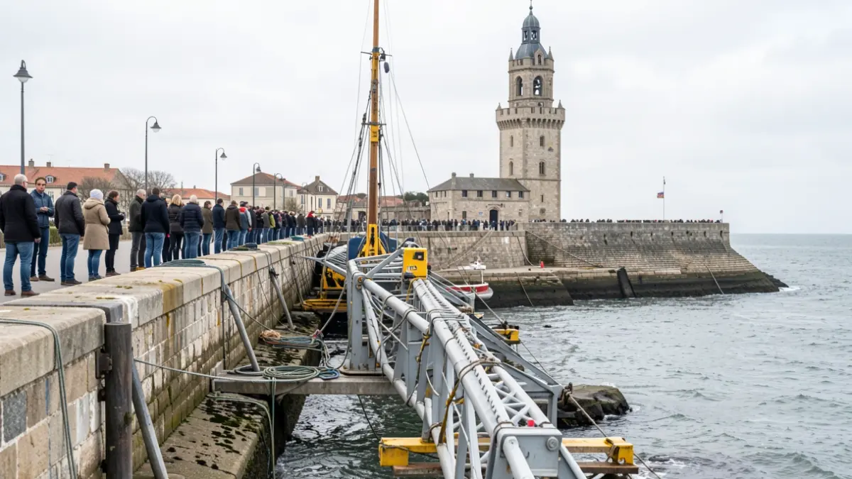 Deployment of an anti-submersion barrier along the Vieux-Port of La Rochelle, with the Saint-Nicolas tower in the background.