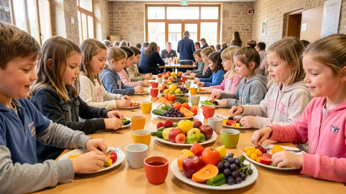 Children's hands setting a table in a school cafeteria with colorful fruits and vegetables.