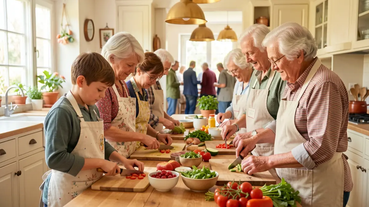 Generic image of grandparents and children cooking together in a kitchen.