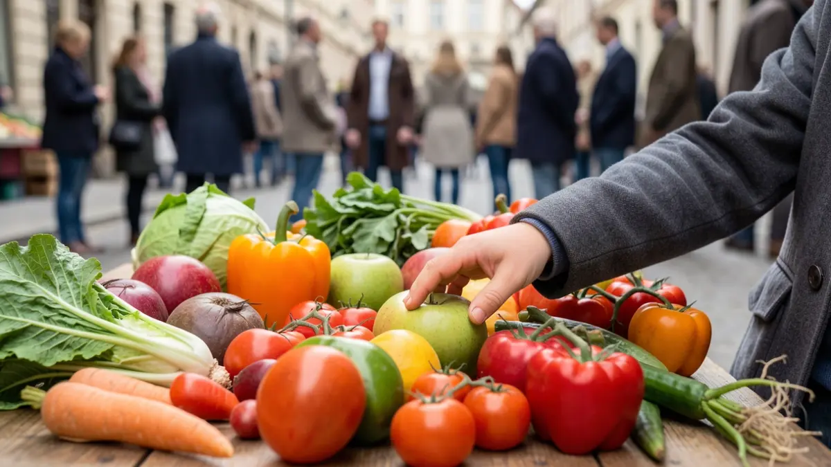 Image générique de mains d'enfant touchant des fruits et légumes frais.
