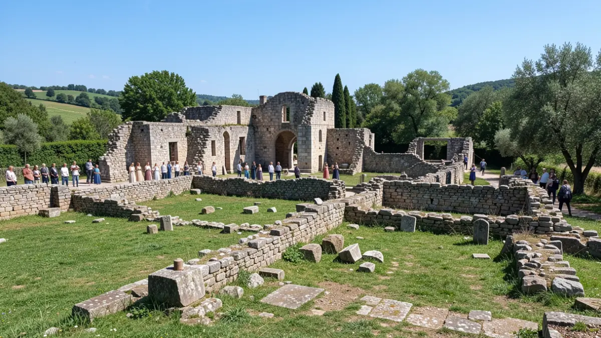 Generic image of Gallo-Roman villa ruins with stone walls and scattered artifacts, set in a green landscape under a blue sky.