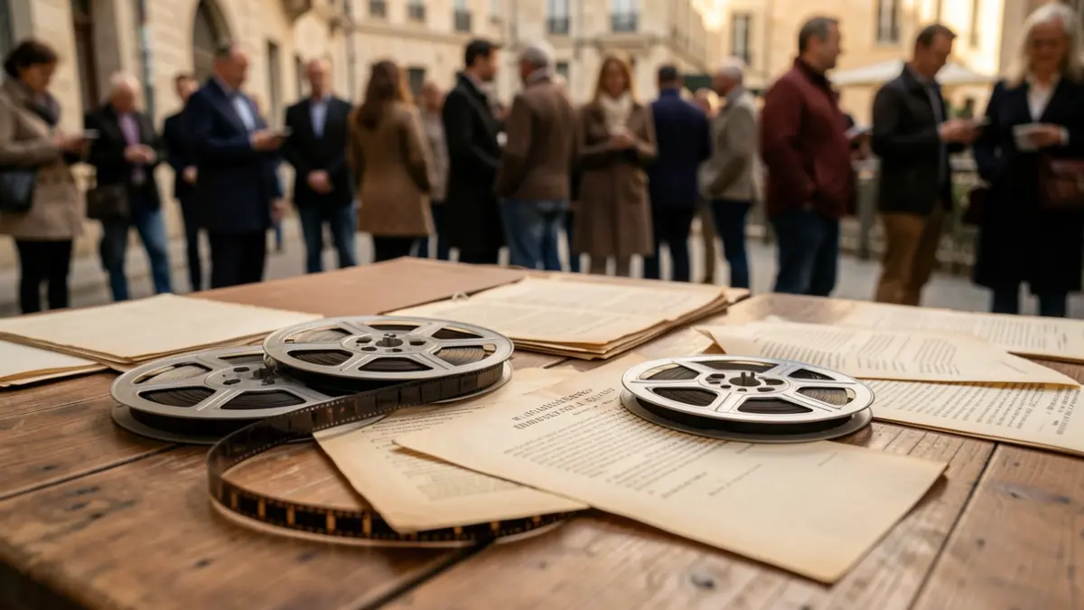 Image générique de bobines de film 35mm anciennes et de documents d'archives sur une table en bois, éclairées par une lumière douce.