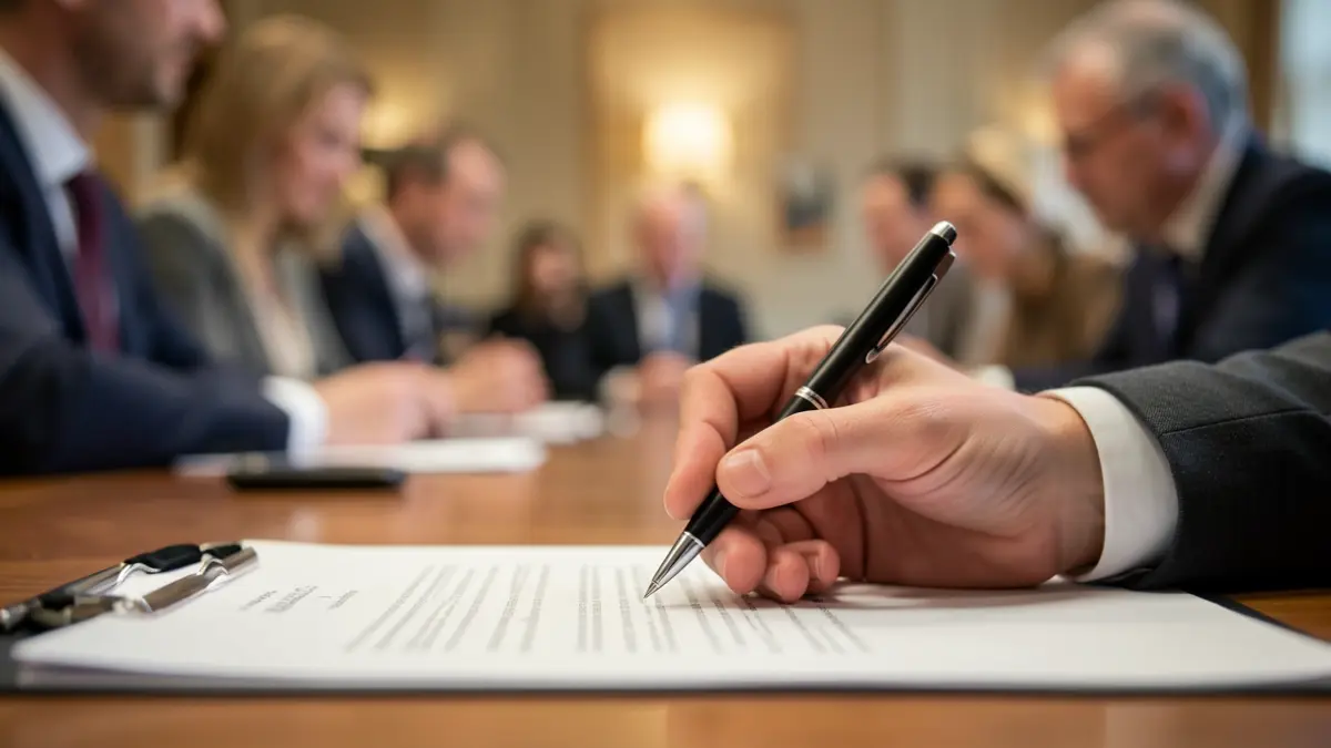 Main tenant un stylo au-dessus d'un document, avec des personnes en arrière-plan dans une salle de réunion.
