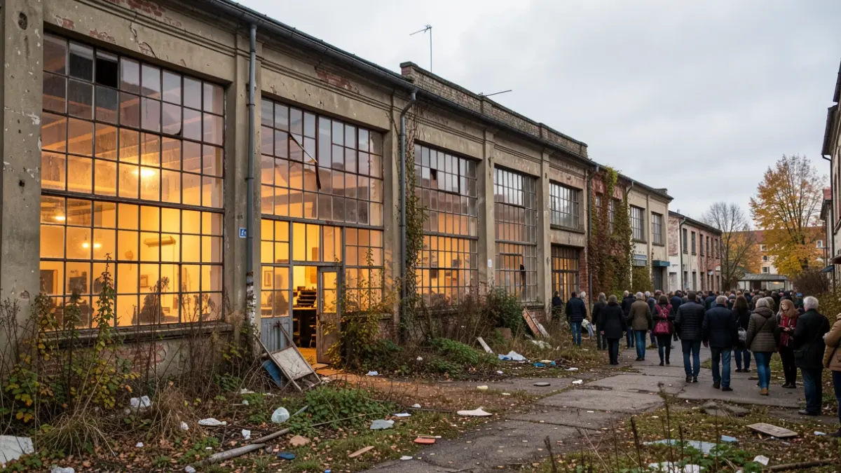Generic image of an old factory with lit windows, in a natural and urban environment.