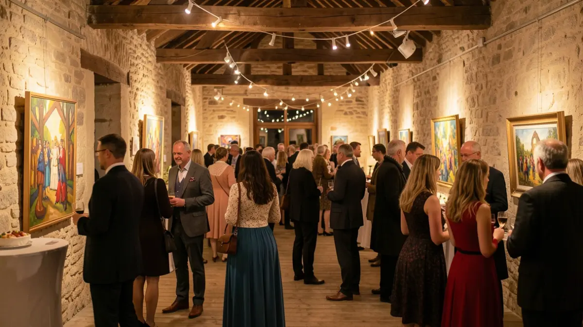 Image générique d'une soirée festive culturelle avec des œuvres d'art et des participants.