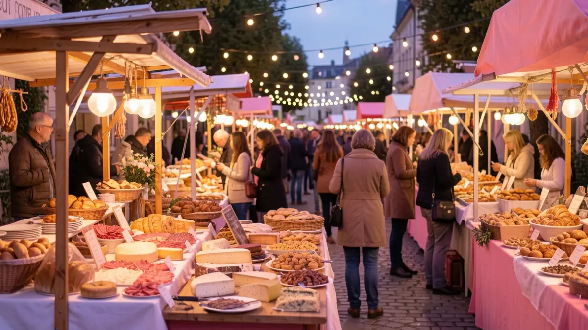 Image générique d'un marché gourmand en soirée, avec des stands de produits artisanaux et une ambiance festive.