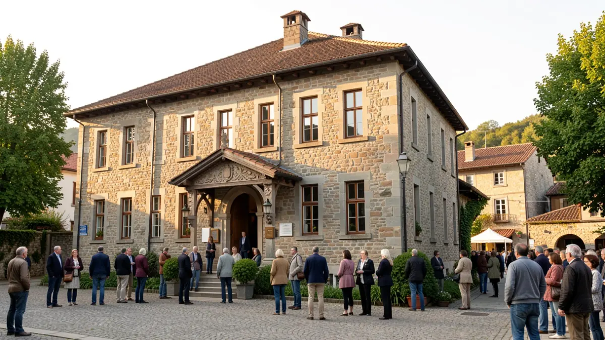 Facade of a stone community building in a Basque village, illuminated by afternoon sun.