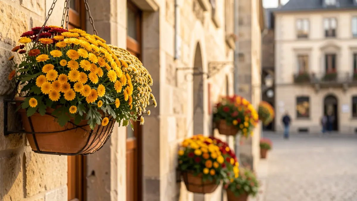 Generic image of colorful chrysanthemums arranged in planters in front of a public building facade.