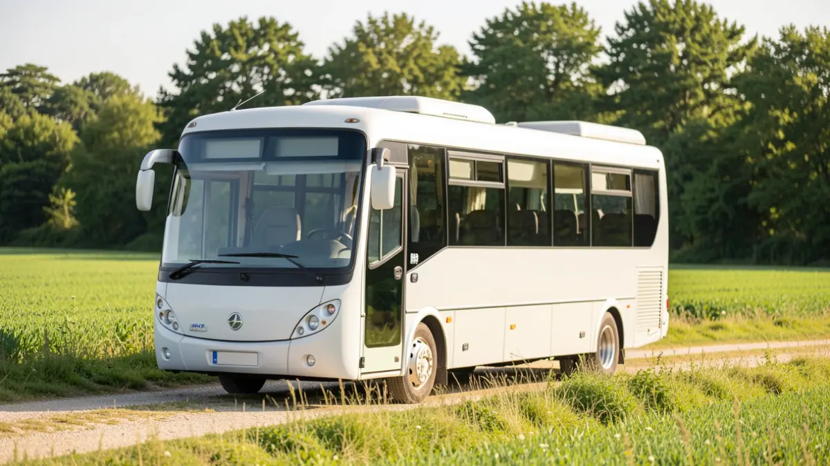 Generic image of a health prevention bus parked in a sunny rural landscape.