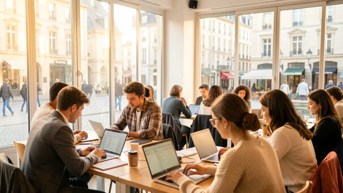 Image générique d'un espace de coworking lumineux avec des étudiants connectés à leurs ordinateurs, dans une ville de Nouvelle-Aquitaine.