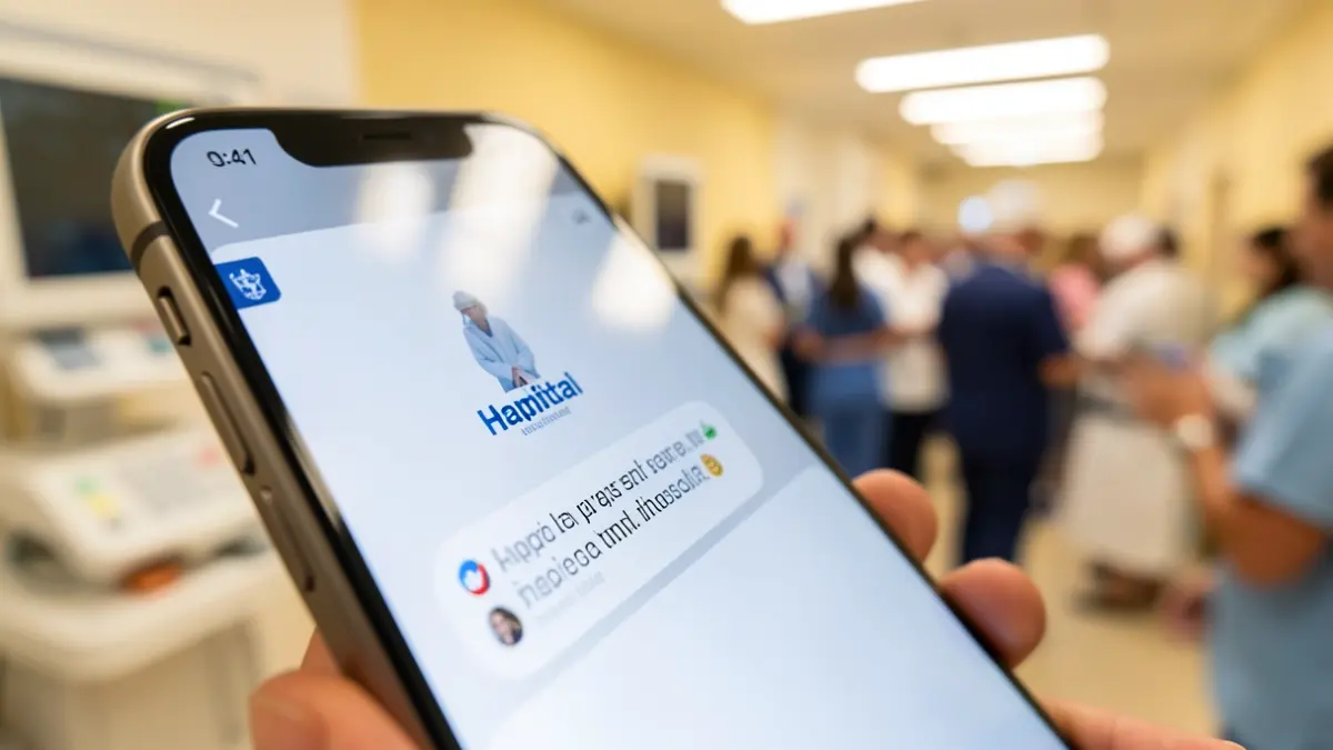 Generic medical technology image: a smartphone displaying an SMS notification in a hospital setting.