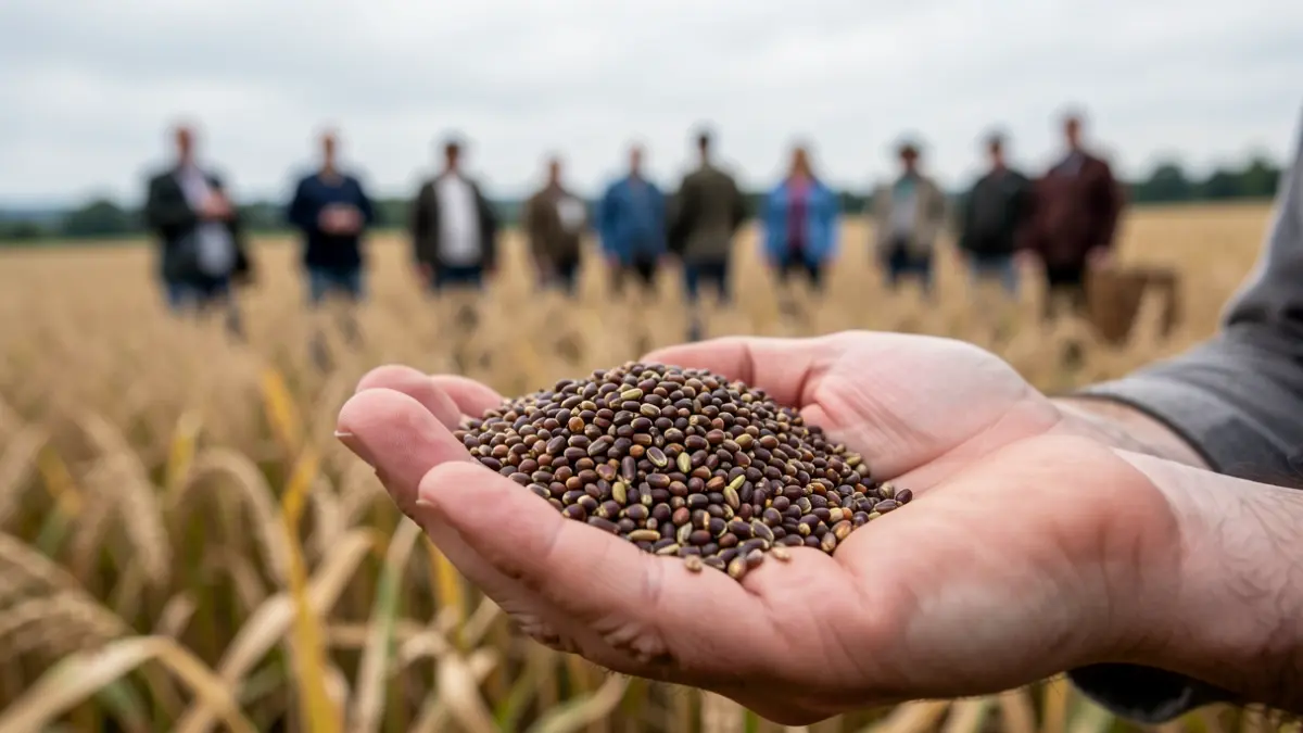 Grains de sorgho dans une main, champ européen flou en arrière-plan.