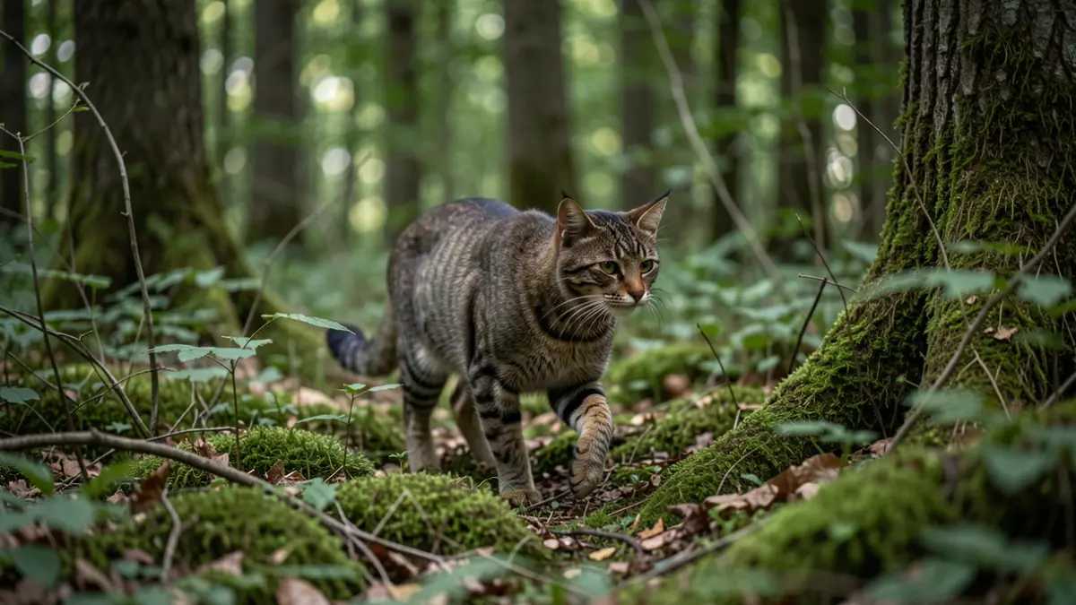 A discreet wild cat moves through a dense forest in Nouvelle-Aquitaine.