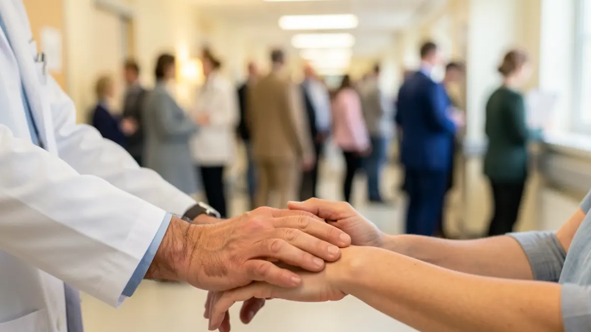 Generic image of healthcare professional's hands on a patient's arm, symbolizing support and empathy.
