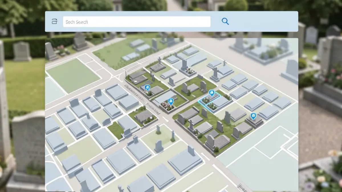 Generic image of a digital cemetery map interface with a search bar and highlighted grave locations.