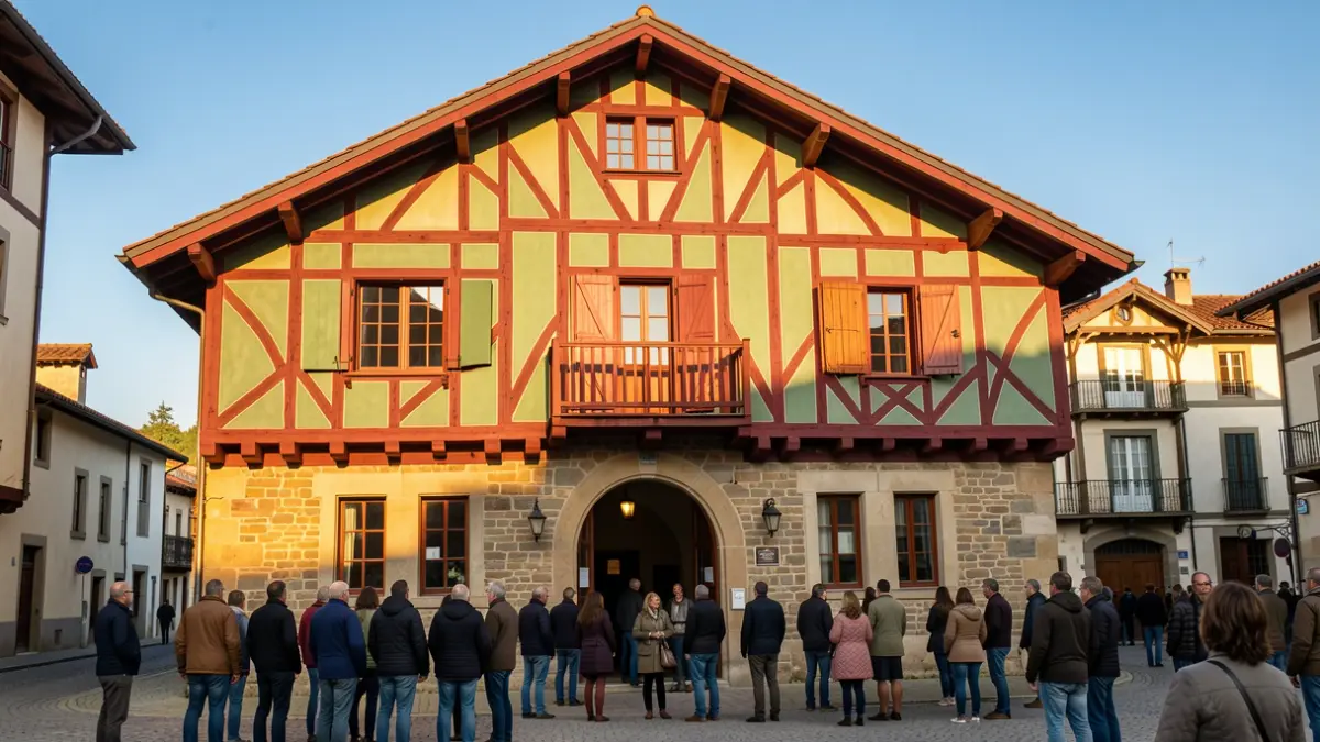 Façade d'un centre culturel basque traditionnel avec des colombages rouges et verts, ensoleillée.